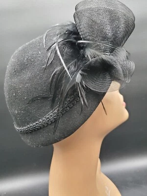 Black Felt Cloche Church Hat With Tulle Bow & Feather Vintage Womens M/L  - Image 1 of 4