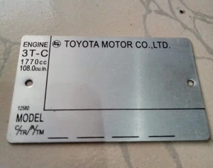 Placa de identificación vintage Toyota Celica Corolla Corona Chaser Vin placa VIN 3T-C - Imagen 1 de 7