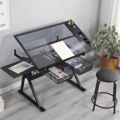 Modern Adjustable Tempered Glass Drafting Printing Table Desk with Chair Black - Image 1 of 4
