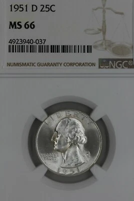 1951 D    25C  NGC   MS 66  Washington Quarter, Silver 25 Cents (0.25) - Image 1 of 2
