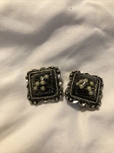 Confetti Acrylic Black Authentic Vintage Clip-On EARRINGS Silver Tone - Picture 1 of 11