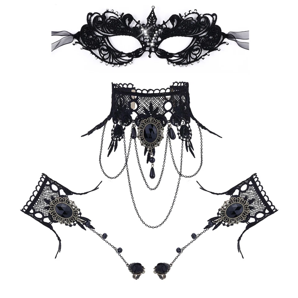 Gothic Masquerade Victorian Choker Mask Finger Gloves Halloween Costume Set - Image 1 of 1