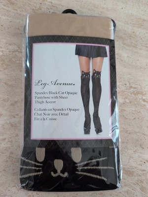 Spandex Black Cat Opaque Pantyhose With Sheer Thigh Accent By Leg Avenue... - Image 1 of 4
