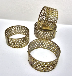 Vintage Pierced Lattice Brass Napkin Rings Set Of 4 With Heart And Shield Plates - Picture 1 of 9