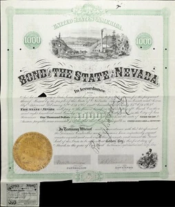 1867 $1000. Bond Carson City, Nevada. State of Nevada. . Choice Very Fine. - Picture 1 of 2