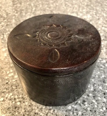 Vintage Handmade Small Round Brown Leather Trinket Box W/Tooled Lid Red Lining - Image 1 of 4