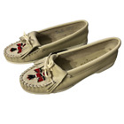 Minnetonka Moccasin in Cream Leather with Black Red Beaded Thunderbird Size 8