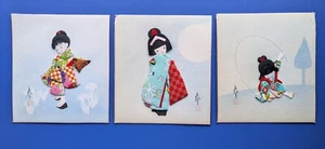 3 Vtg Japanese 3D Oshie Boy Girl Kids Fabric Kimono Silk Picture Set - Picture 1 of 5