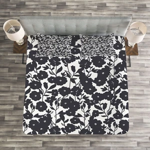 Black White Quilted Bedspread & Pillow Shams Set, Gardening Flowers Print - Picture 1 of 11