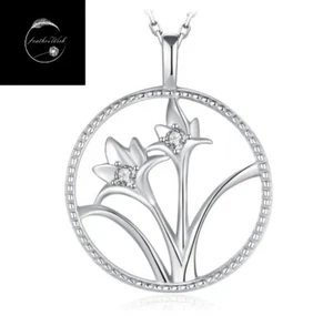 Sterling Silver 925 Necklace Daffodil Flower Round Pendant & 45 Box Chain Ladies - Picture 1 of 6