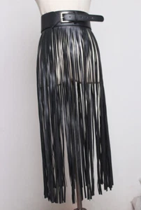 Women Faux Leather Waistband Long Fringe Tassle Skirt Belt Dance Party Club Punk - Picture 1 of 12