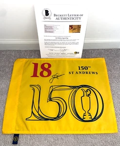JACK NICKLAUS SIGNED 150 BRITISH OPEN LOGO FLAG US GOLDEN BEAR MASTERS 2023 BAS - Picture 1 of 3