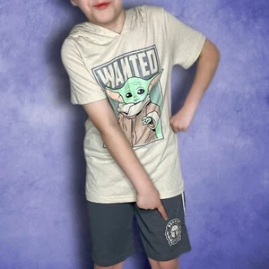Kids Baby Yoda T Hooded Shirt And Shorts Set Mandalorian Star Wars Size 10(Med) - Picture 1 of 10