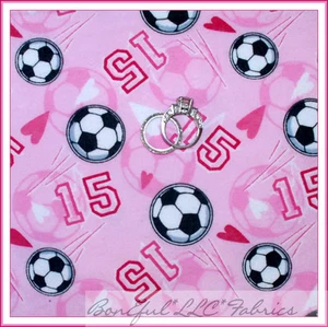 BonEful Fabric FQ Flannel GIRL SOCCER Ball Heart Top Heart LOVE Pink Dot School - Picture 1 of 8