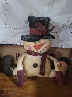 Primitive Christmas Snowman Doll with  Hat Rustic Bells,Glitter and Prim Tag - Image 1 of 4