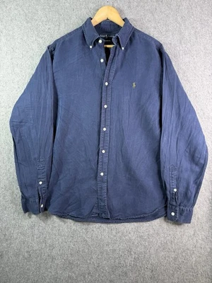 Ralph Lauren Silk Linen Blend Button Up Shirt Blue Long Sleeve Pony Men’s Large - Image 1 of 4