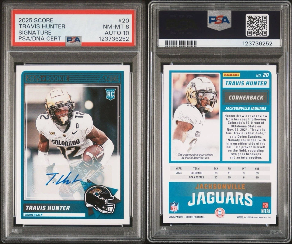 2025 Score Travis Hunter Rookie Auto No. 20 PSA 8 - Image 1 of 1
