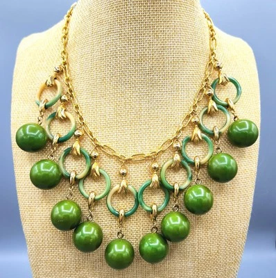 Vintage Green Pea Spinach Bakelite Ball Fringe Gold Tone Necklace 16" TESTED - Image 1 of 4