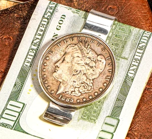 Heavy Antique Sterling Silver Money Cash Clip Morgan Dollar Coin 1885 - Picture 1 of 10