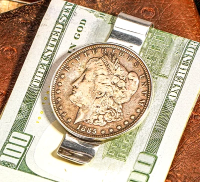 Heavy Antique Sterling Silver Money Cash Clip Morgan Dollar Coin 1885 - Image 1 of 4