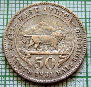 EAST AFRICA GEORGE V 1921 50 CENTS Lion & Mountains COLONIAL BILLON scratches - Picture 1 of 6