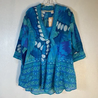 Blusa La Cera talla XL azul plisada frontal cuello en V túnica forrada fluida manga 3/4 NUEVA Foto 1 de 4