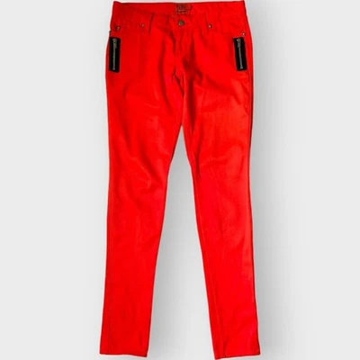 Tripp NYC Neon Skinny Pants Zippers Skulls Orange Low Rise Size 3 Grunge Goth - Image 1 of 4