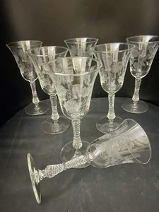 (7) Etched Floral Set of Goblets Stemmed Glasses Cut Stem 8" Tall x 3 1/2" Wide - Picture 1 of 13