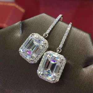 4Ct Lab Created Diamond Emerald Cut Drop/Dangle Earrings 14K White Gold Finish - Picture 1 of 3