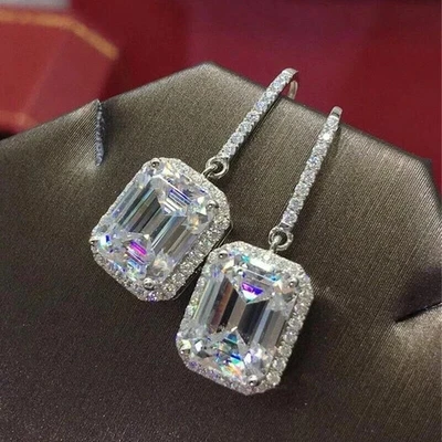 4Ct Lab Created Diamond Emerald Cut Drop/Dangle Earrings 14K White Gold Finish - Image 1 of 3