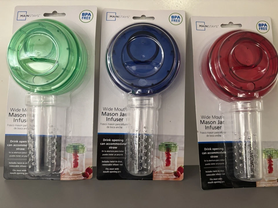 Juego de 3 tapas de infusor Mainstays boca ancha albañil nuevas sin BPA verde/rojo/azul Foto 1 de 4