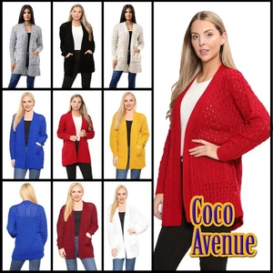 Women Long Sleeve Waffle Knitted Boyfriend Cardigan Open Front 2 Pocket Cardigan - Picture 1 of 61