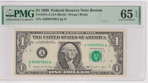 *FANCY #* Fr 1914-A 1988 $1 FRN A99997860A PMG 65EPQ GEM CU BOSTON GREEN - Picture 1 of 2