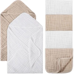 6 Pcs Baby Muslin Hooded Bath Towels and Washcloths 32 x 32 Inch Muslin Cotto... - Picture 1 of 6
