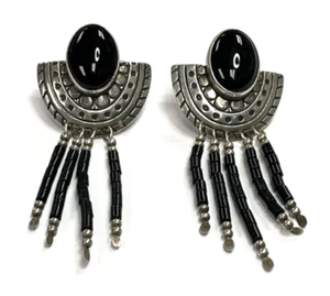Amerikanische Ureinwohner Sterlingsilber schwarzer Onyx Ohrhänger - Bild 1 von 3