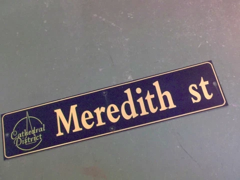 Vintage MEREDITH ST Cathedral District Street Sign 42" X 9" -GOLD on NAVY Ground Cover