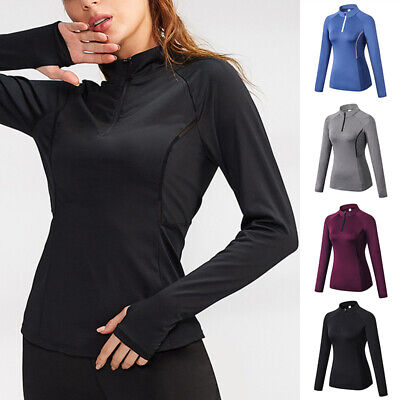Womens 1/4 Zip Up Mock Neck Workout T Shirt Stretchy Long Sleeve Running Gym Top • 18.86€