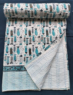 Traditional Kantha Quilt Hand Block Bedcover Grey Color Blanket King Size Gudari - Image 1 of 4