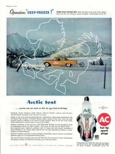 Impresión publicitaria pieza de coche anuncio bujía de aire acondicionado prueba ártica Fairbanks Alaska 1956 - Imagen 1 de 1