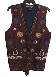 NY Line Women M Bohemian Boho Embroidered Wood Button Adjustable Vest Top Nepal - Picture 1 of 7