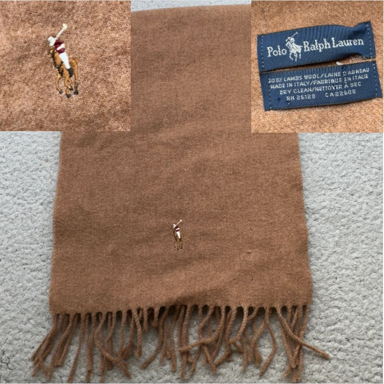 Bufanda Polo Ralph Lauren 62x12 Marrón Camel Italia Lana de Cordero Poni Flecos Preppy Foto 1 de 4