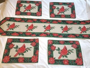 Cardinal Holly Poinsettia Christmas Holiday Tapestry Table Runner & Placemats - Picture 1 of 8