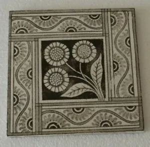 ENGLISH AESTHETIC MOVEMENT STYLISED SUNFLOWER DESIGN ANTIQUE TILE - Picture 1 of 2