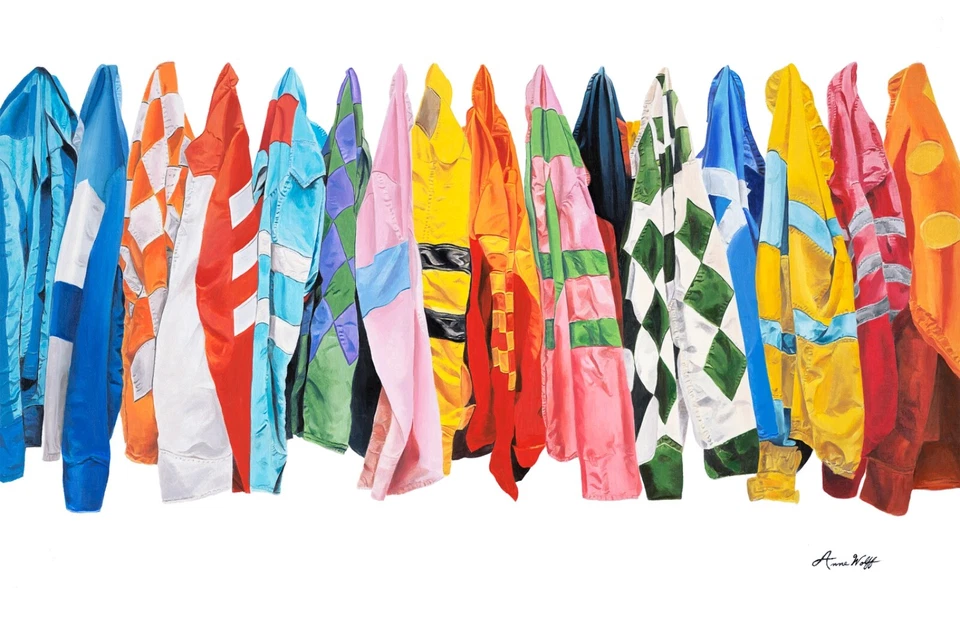 Silks II - Impresión de giclee de carreras de caballos, arte en lienzo Jockey Silks de Anne Wolff Foto 1 de 1