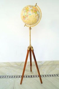 Nautical Antique World Globe Map Wooden Floor Standing Tripod Stand Decor - Picture 1 of 3
