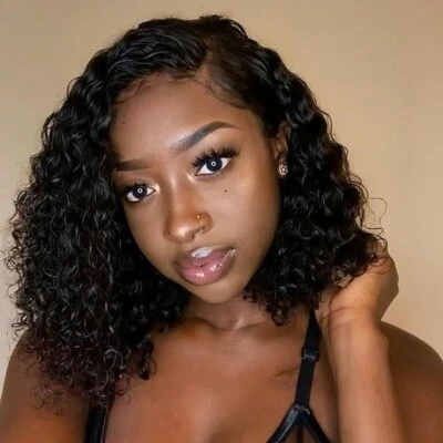 Brazilian Curly Human Hair Wigs Glueless 4x4 Lace Closure Wigs Pre Plucked 12"  - Image 1 of 4