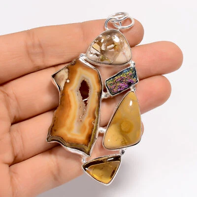 Solar Quartz Fossil Coral Gemstone 925 Silver Handmade Pendant 2.8" ARP-5145 - Image 1 of 3