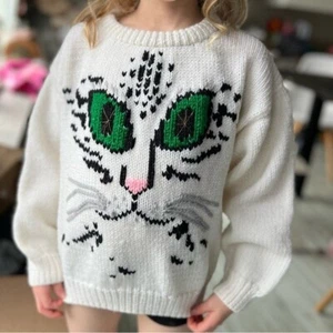 Handmade Children's White Cat Knit Pullover Sweater - Picture 1 of 5