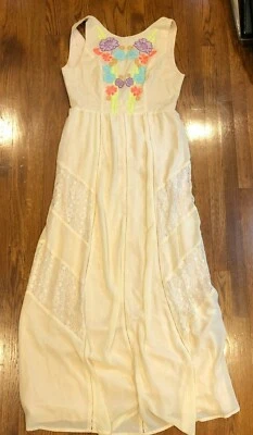 Champagne & Strawberry Cream Lace Floral Embroider Maxi Dress Sz 4 - Image 1 of 4