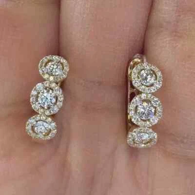 2Ct Round Cut Moissanite Women's Halo Hoop Earrings 14k Yellow Gold Plated - Image 1 of 4